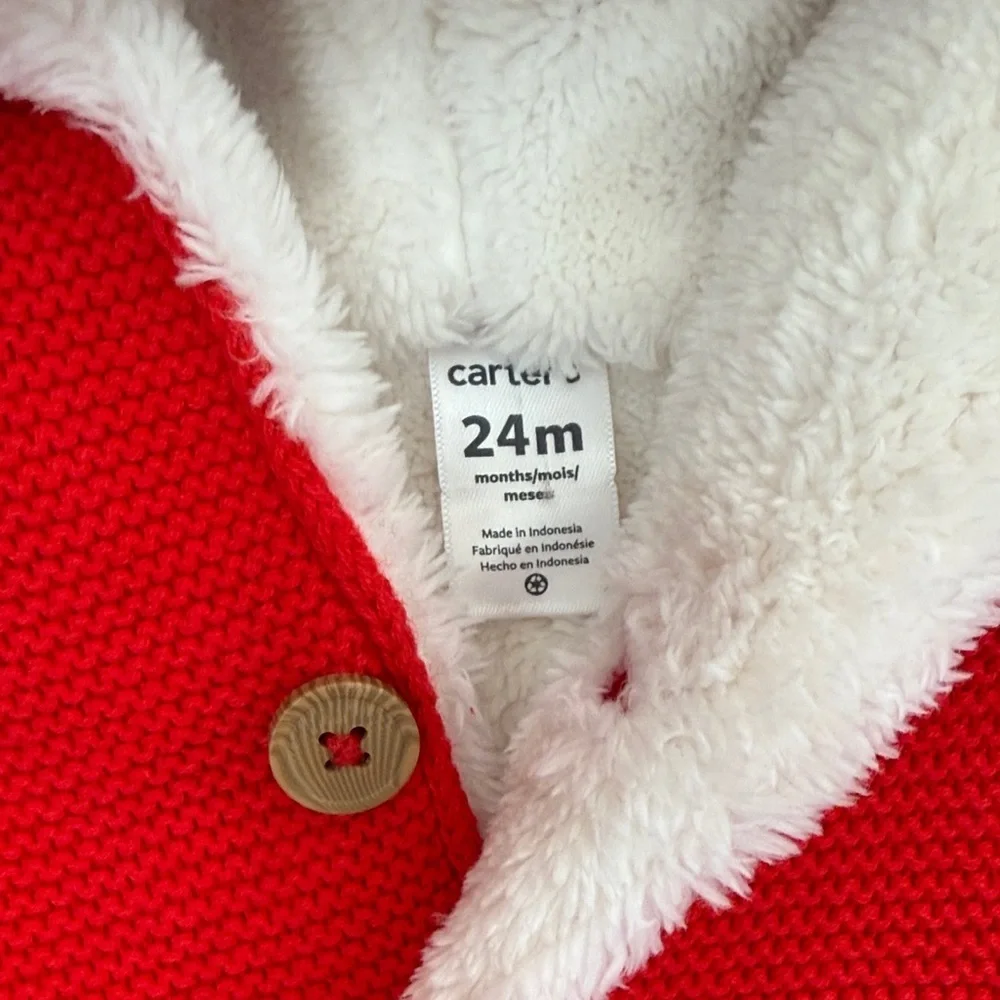 Carters Red Knit Button Coat Baby Sherpa Hooded Size 12M
